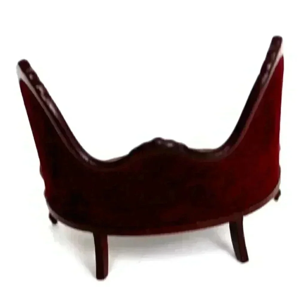 Vtg Dollhouse Miniature Victorian Red Velvet Mahogany Sofa Loveseat 1:12 Scale